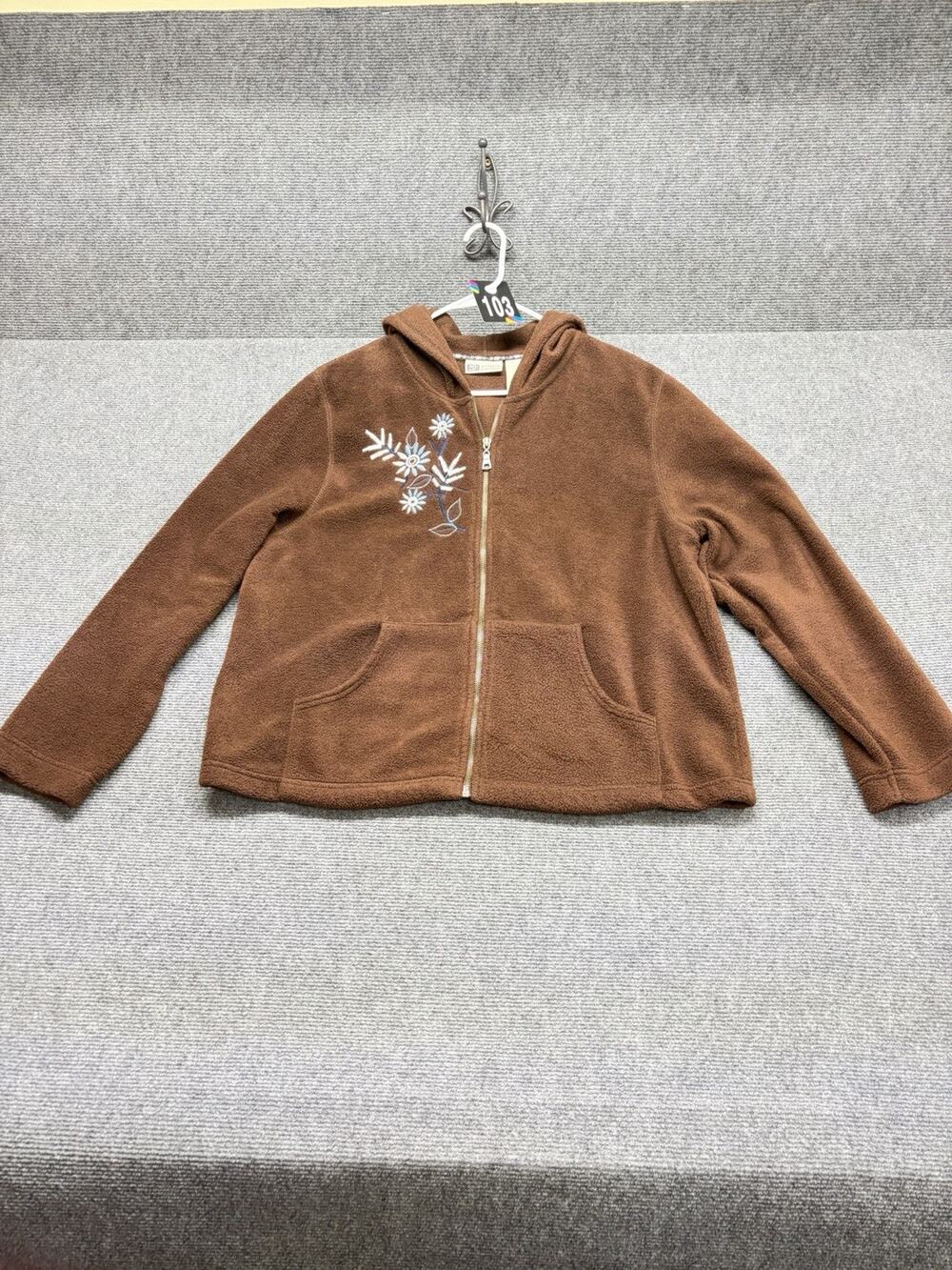 Faded Glory Fleece Hoodie Women’s Size XL Brown Long Sleeve Full Zip Embroidered